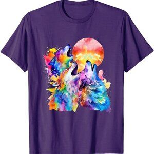 Tie Dye Color Three Wolves Howling At The Moon Wolf Lover